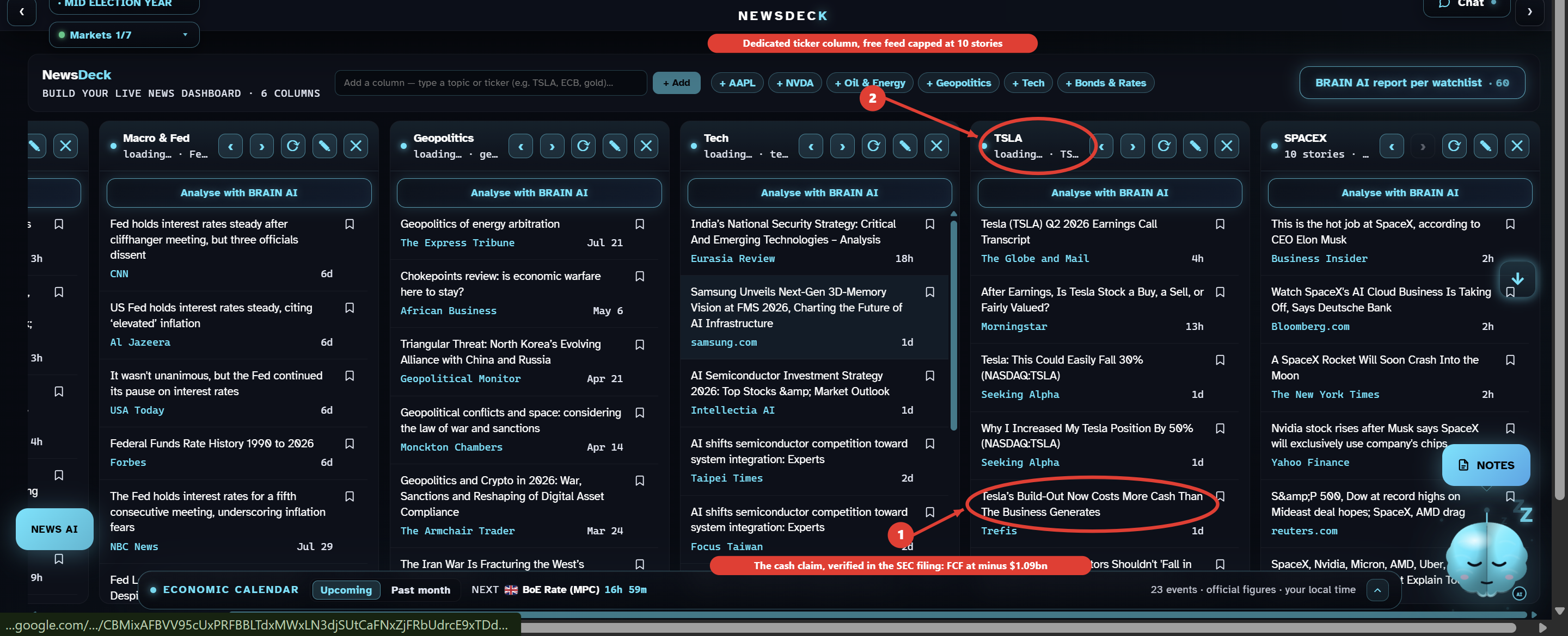 EPTA5 NewsDeck, TSLA column annotated during the analysis: the cash headline verified against the SEC filing, and the dedicated ticker column.